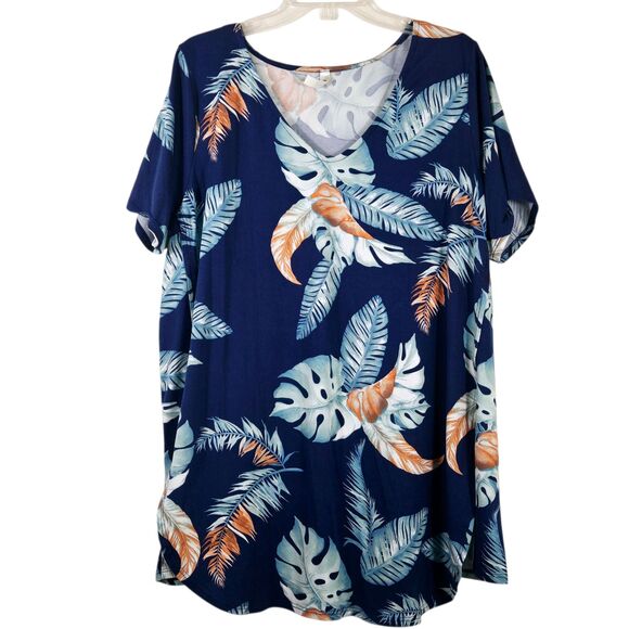 Emerald 2X Navy Blue Tropical Tunic Top with Side Slits - Picture 1 of 10